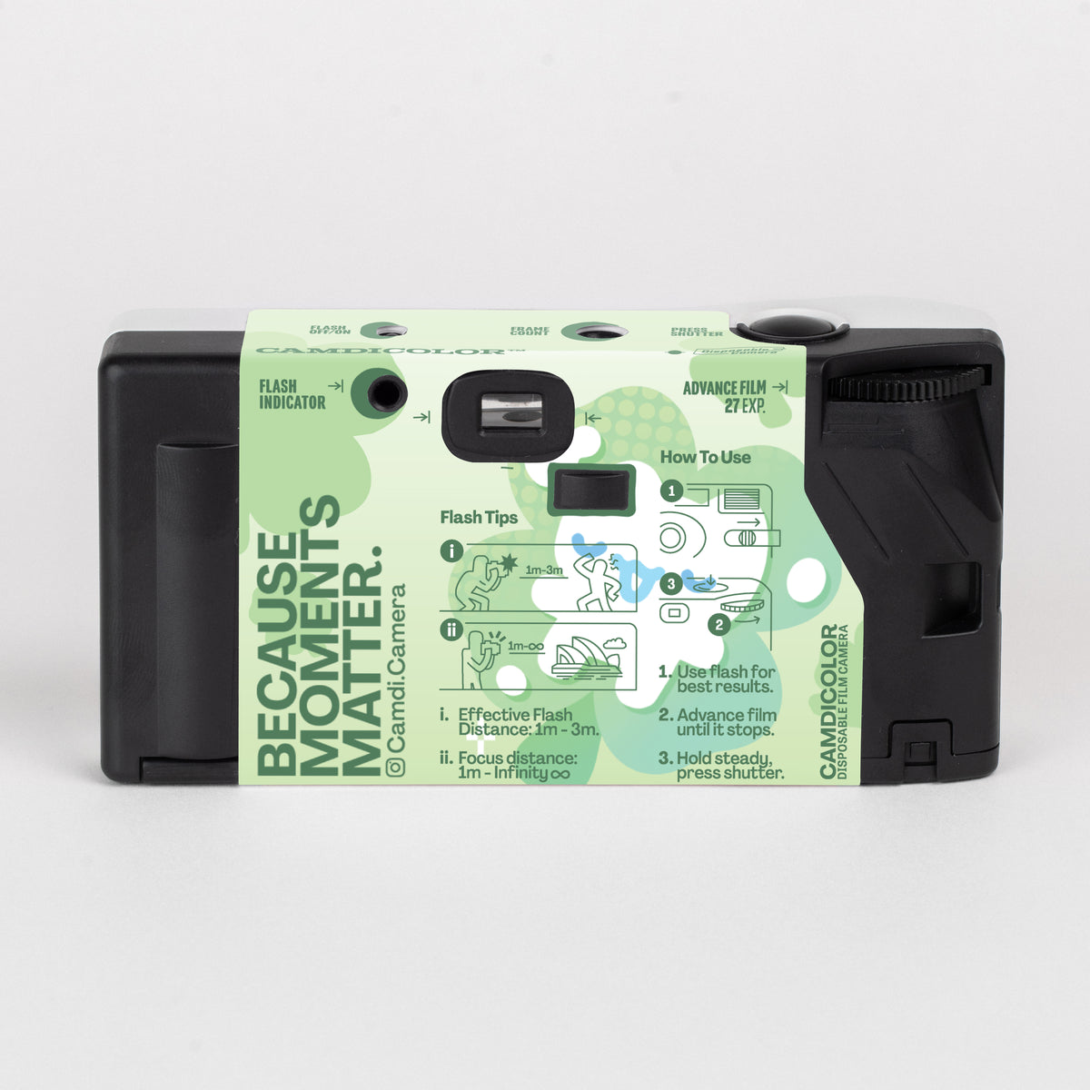 CAMDi NOTFOREATING disposable film camera, black rear with green artwork and camera instructions.