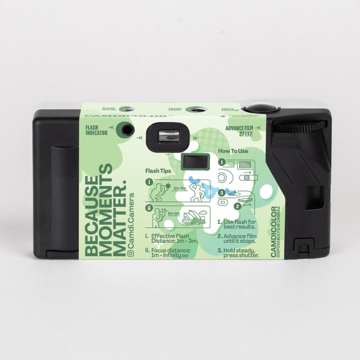 CAMDi NOTFOREATING disposable film camera, black rear with green artwork and camera instructions.