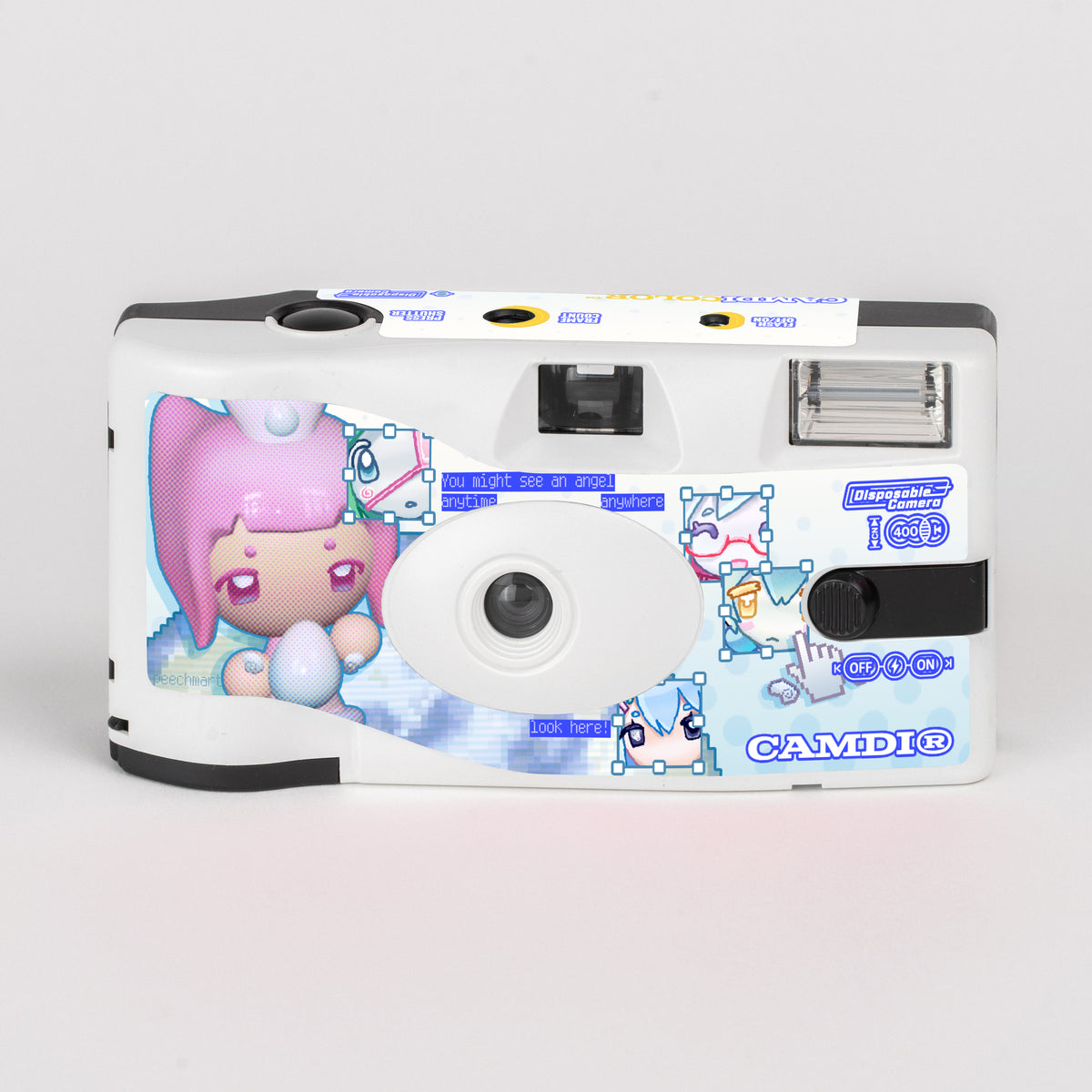 CAMDi peechmart disposable film camera, white front with blue artwork and a pink character.