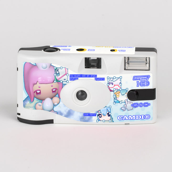 CAMDi peechmart disposable film camera, white front with blue artwork and a pink character.
