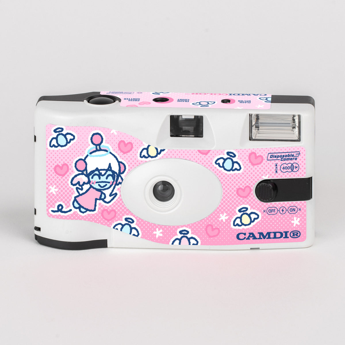 CAMDi jejebuns disposable film camera, white front with pink hearts and illustrated characters.