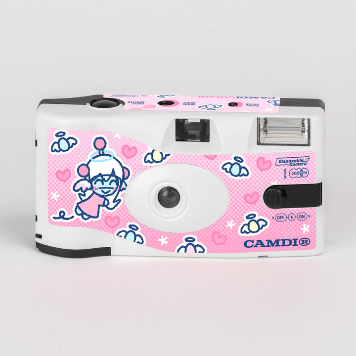 CAMDi jejebuns disposable film camera, white front with pink hearts and illustrated characters.