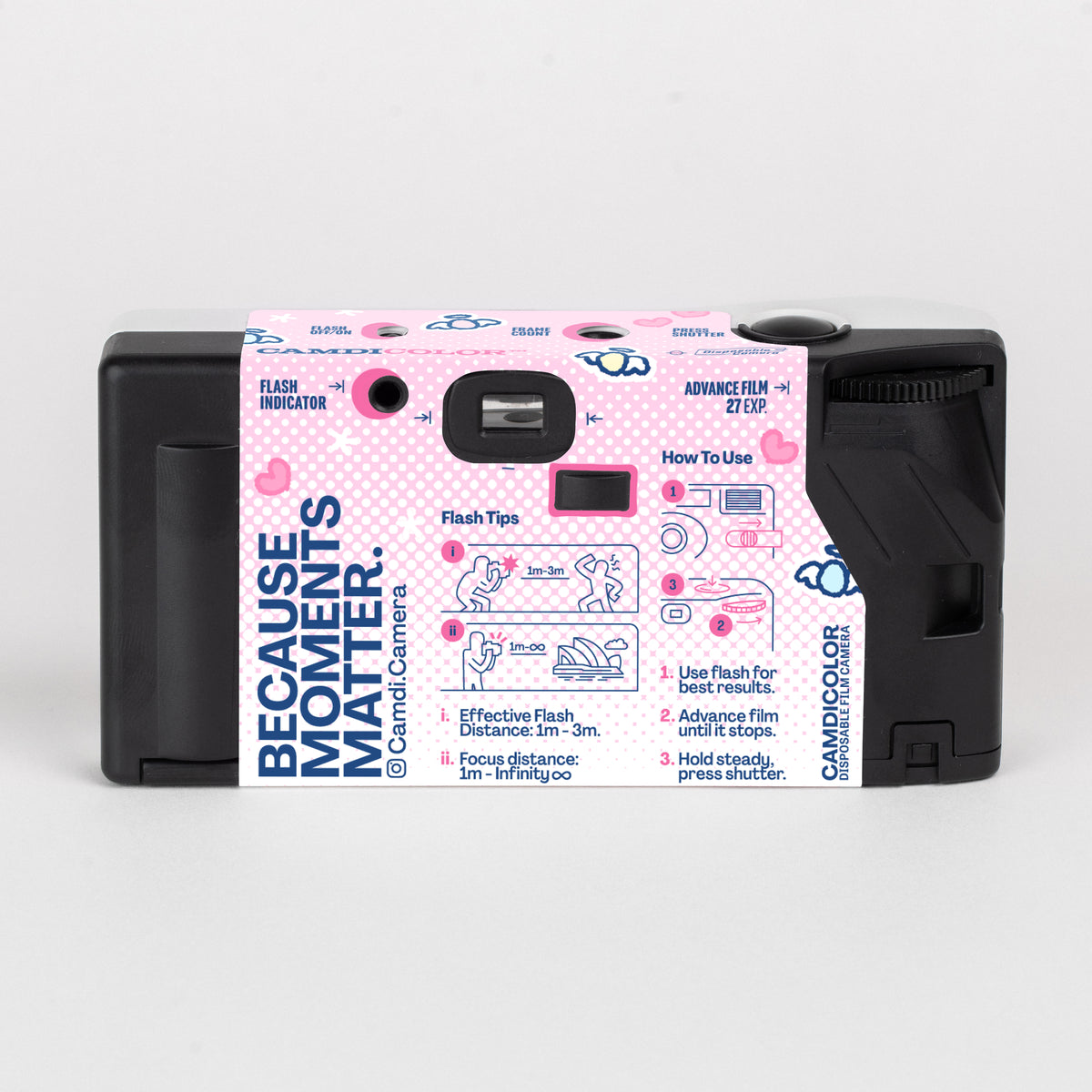 CAMDi jejebuns disposable film camera, black rear with pink artwork and camera instructions.