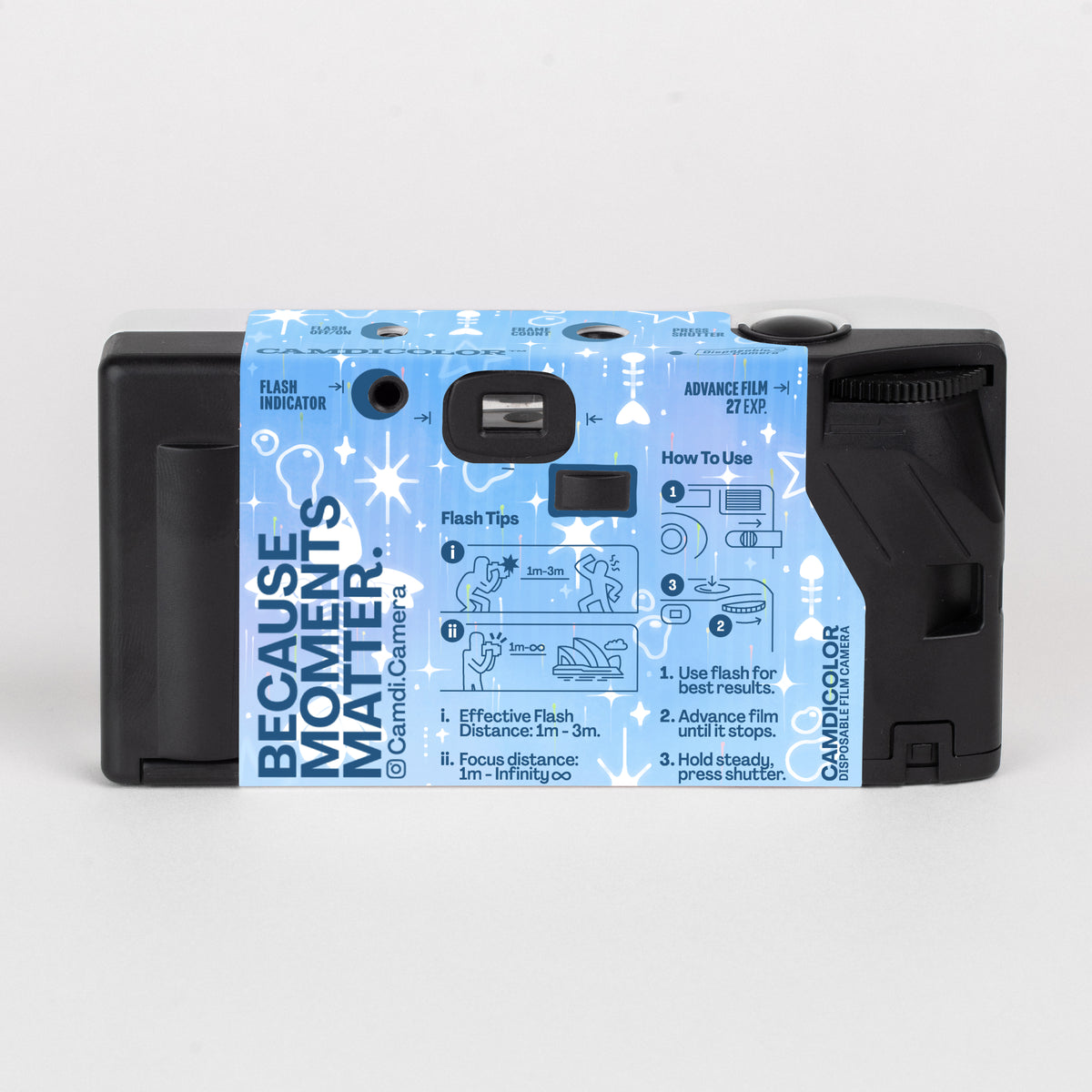 CAMDi The Blue Cafe disposable film camera, black rear with blue artwork and camera instructions.