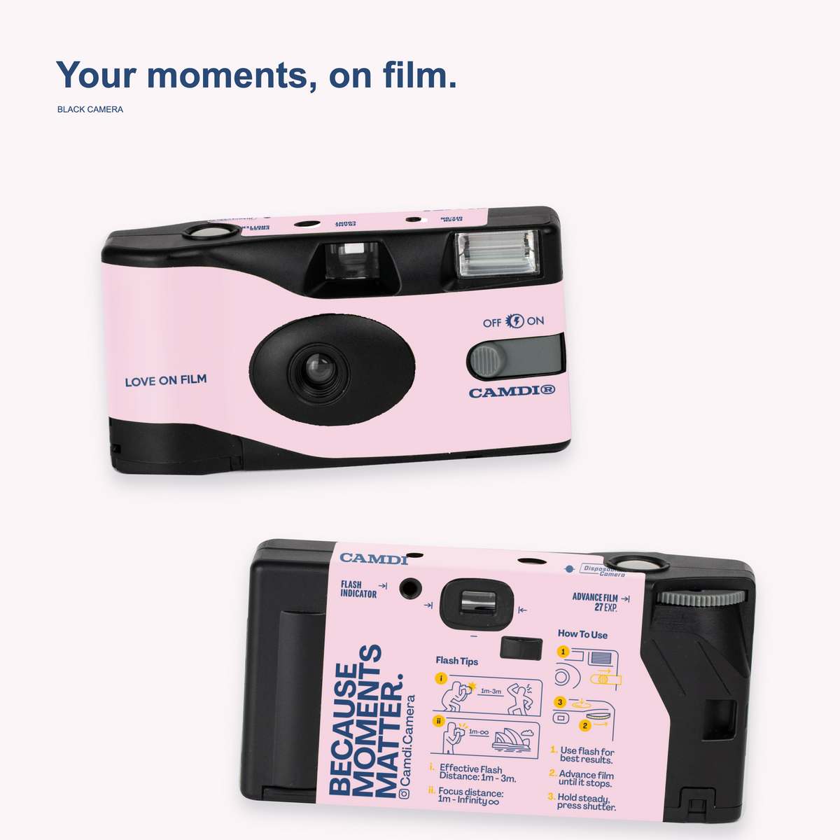 Front and back of a black CAMDi custom disposable camera with a soft pink design, LOVE ON FILM title and blue lettering.