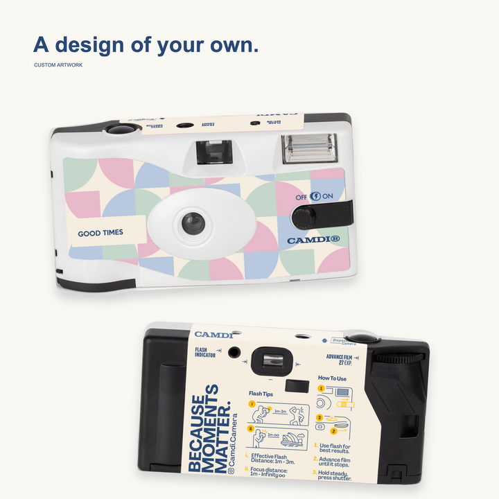 Front and back of a white CAMDi custom disposable camera with an original pastel geometric pattern and GOOD TIMES title.