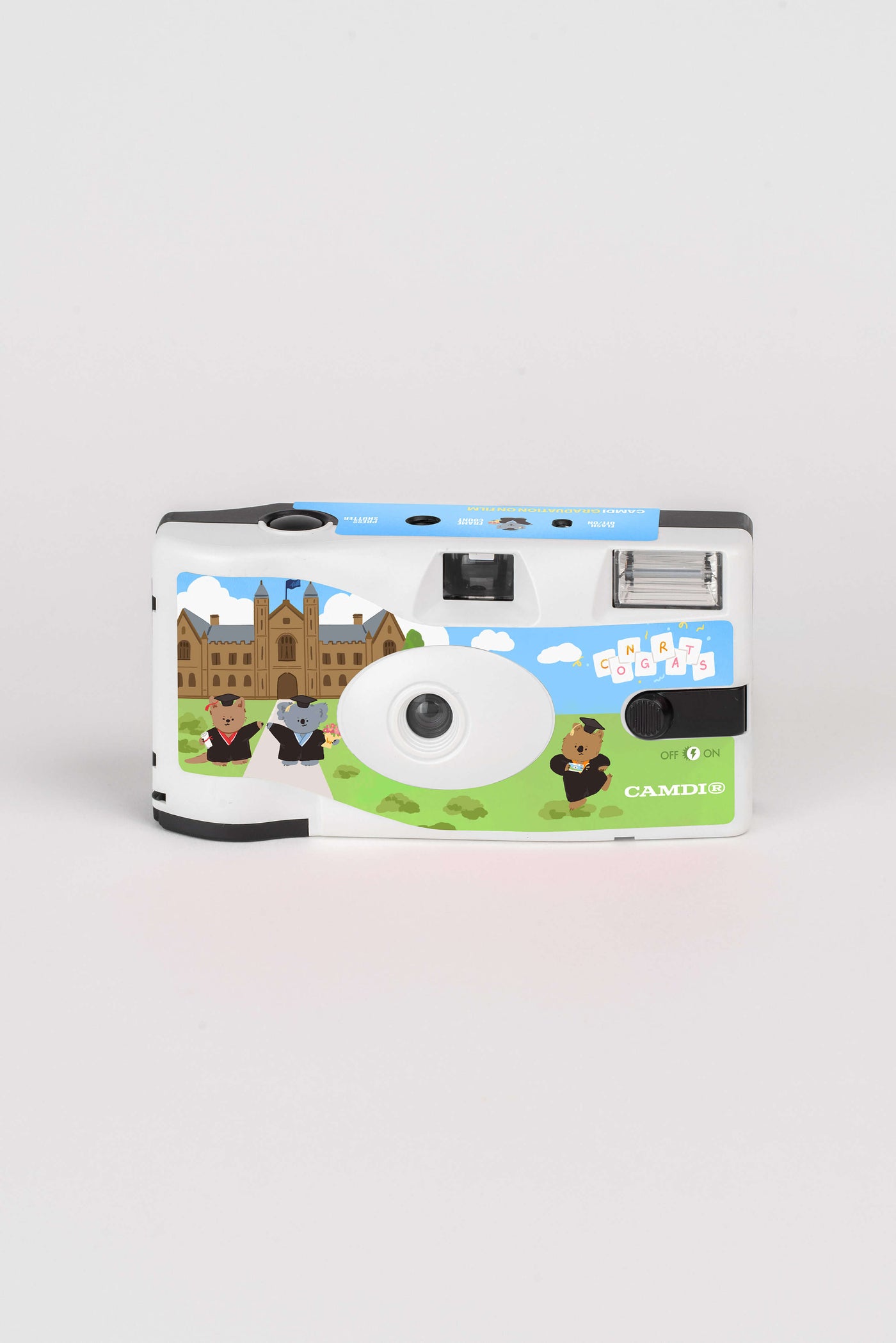 A compact 35mm point-and-shoot film camera, product shot on white background